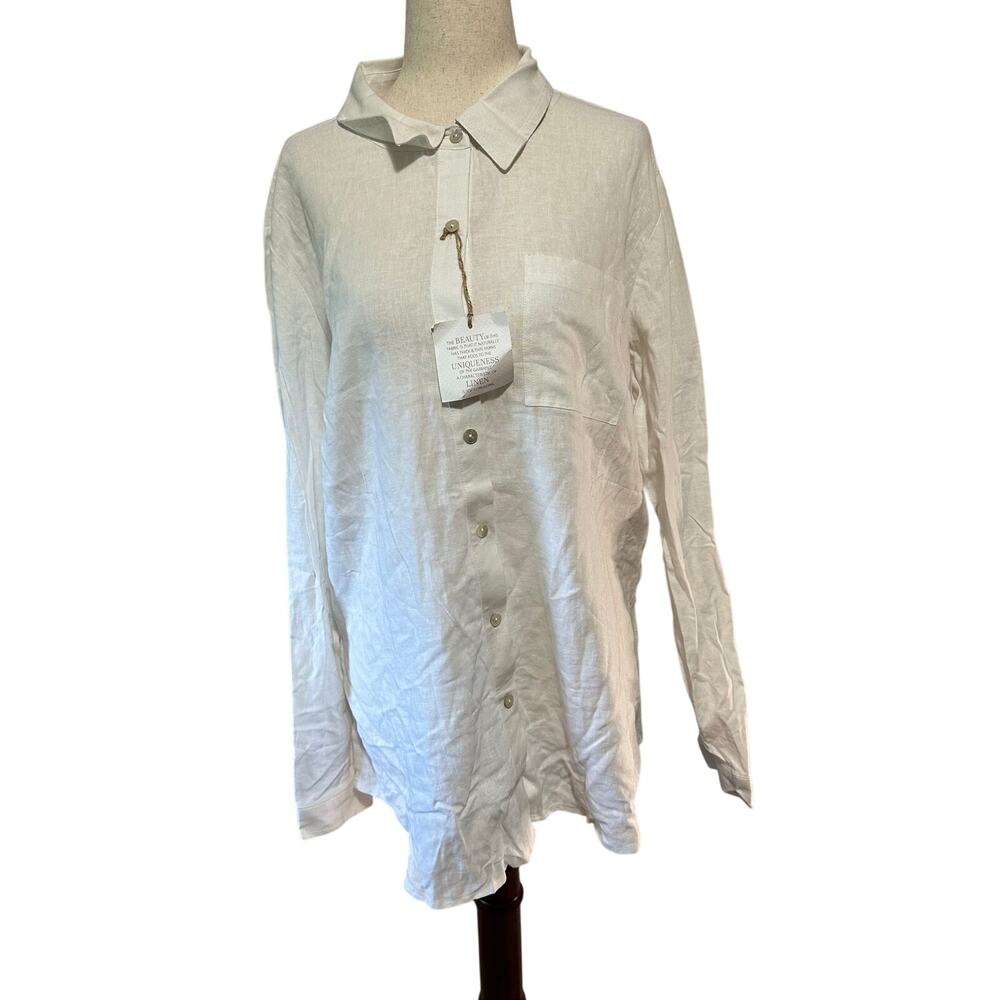 SUSAN GRAVER Women's Regular Pure Linen Blend Button Front Shirt Size M In White